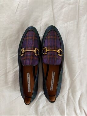 & Other Stories New Purple and Green Plaid Loafers with Gold Horsebit